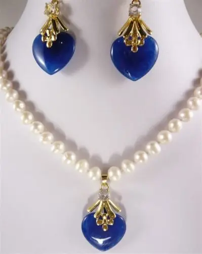

Hot sell Noble- white pearl Blue Jade Pendant necklace earring set (A0516)