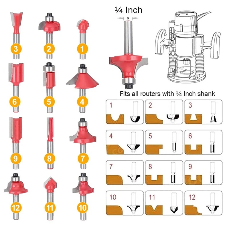 12 шт. фрезы 1/4 ''/8 мм/1/2'' Концевая фреза для вырезания гребней и карбида деревообрабатывающие фрезы по дереву, обрезная деревообрабатывающая инструменты