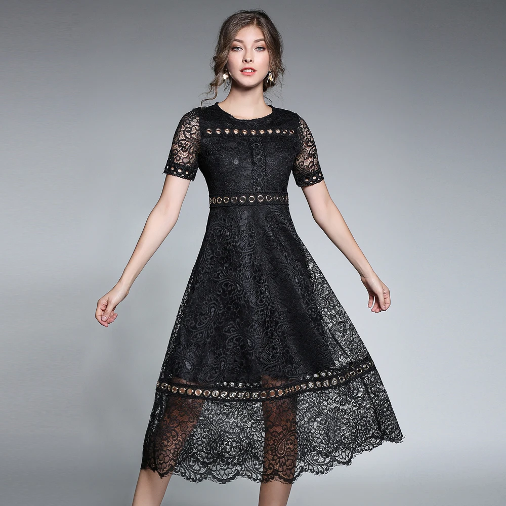 Summer Hot Sale Women Black Dresses Short Sleeve Hollow Out Lace Dress