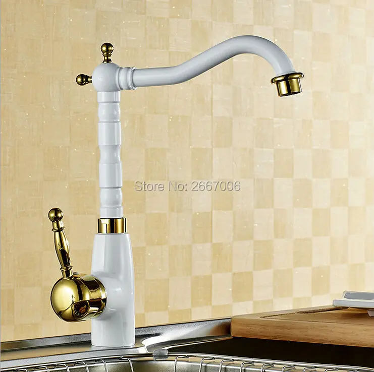 

Free shipping Fashion White Color Kitchen Mixer Faucet 360 Swivel Long Spout Deck Mount Sink Taps Torneira Golden Faucet ZR553