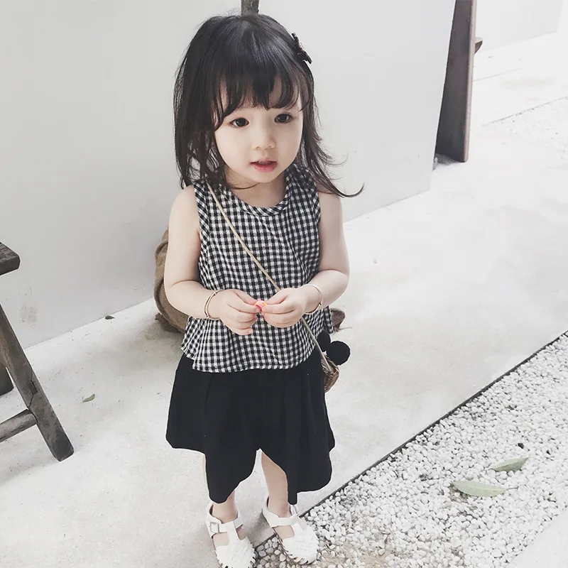 Детское платье, ограниченное предложение, vestido infantil han edition, лето 2019, модные костюмы для девочек, клетчатый жилет, слаксы, комплект из двух