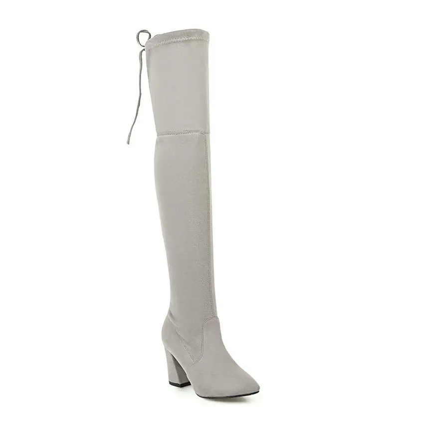 QUTAA/ г. Новые женские ботфорты из натуральной кожи пикантная женская обувь на толстом каблуке со шнуровкой однотонная зимняя теплая обувь, размер 34-43 - Цвет: Light grey