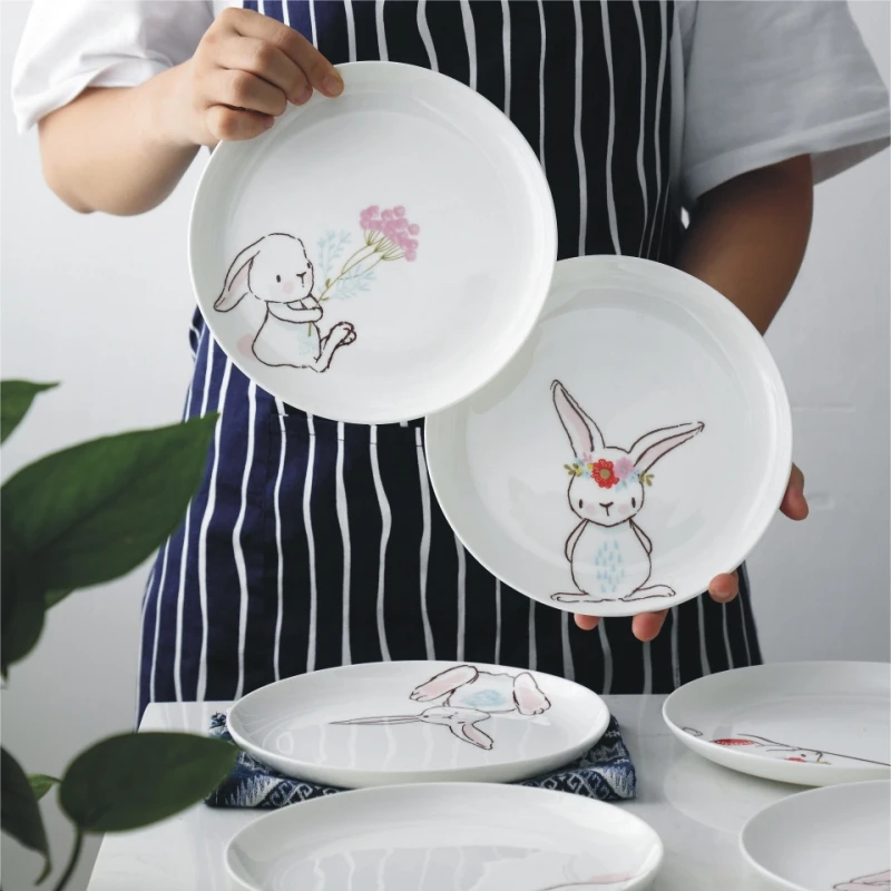 1PC 8 inch Ceramic Dinner Plate Rabbit Animal Dinner Dishes Pasta Steak Dessert Plates Fine Bone China Kitchenware