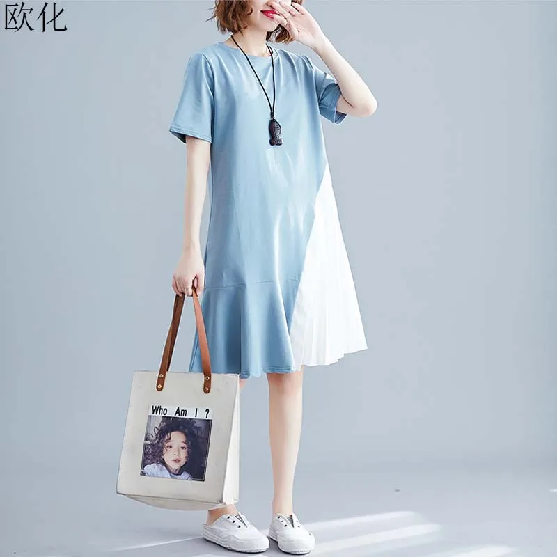 

Plus Size Women Ruffle Dress Vintage Loose Short Sleeve Casual Cotton Midi Dress Big Size Summer Splice Sundress Vestidos 2019
