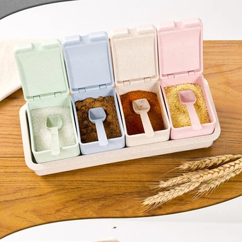 

Four Seasoner Box With Scoop Seasoning Case Wheat Straw Box Multifunction Spices Condiment Storage Box Lucency Kitchen Tool 1set