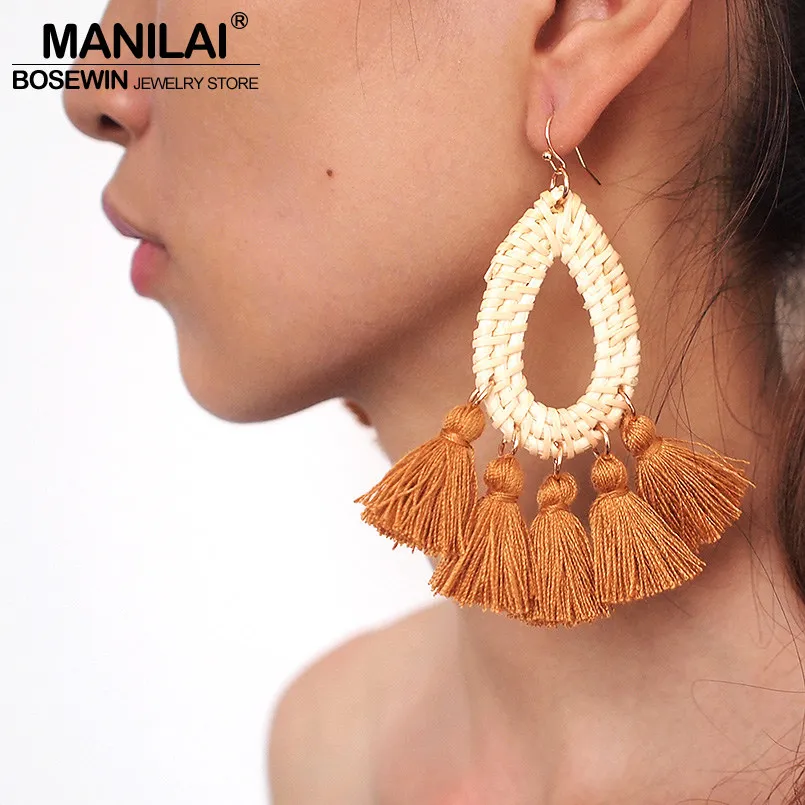 MANILAI Bohemian Straw Rattan Knit Tassels Earrings For Women Geometric Statement Big Drop Dangle Earrings Jewelry