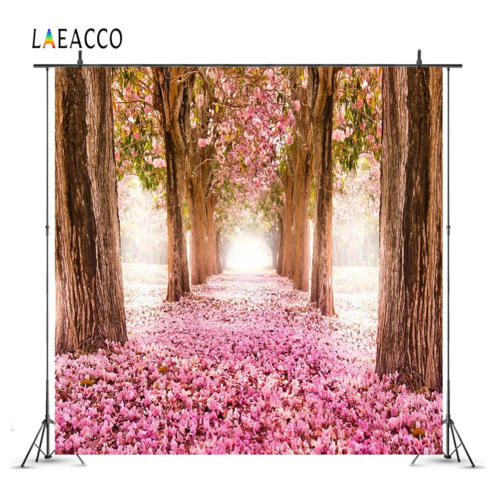 Laeacco Sweet Pink Flowers Tree Pathway Scenic Baby Photography Backgrounds Customized Photographic Backdrops For Photo Studio
