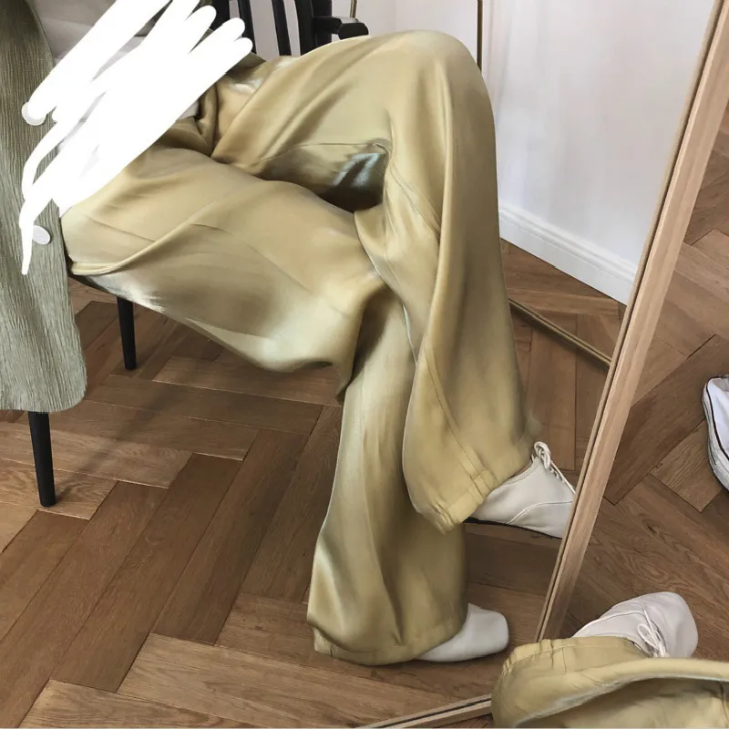 Womens clothing Summer 2019 new Korean womens pants version high quality satin drape smooth high waist wide leg pants loose Womens clothing Summer 2019 new Korean womens pants version high quality satin drape smooth high waist wide leg pants loose