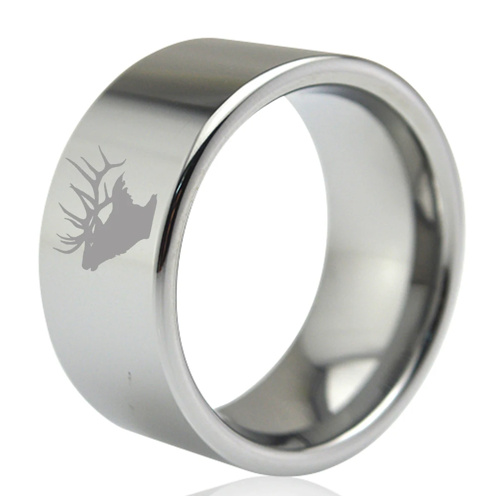 

11mm Wide Male Silver Flat Tungsten Carbide Thumb Finger Ring with Deer Head Hunting Engraved Outside Size 7 to 13