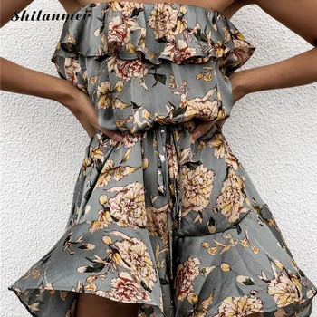 

Boho Off Shoulder Ruffle Floral Print Jumpsuit Women Romper Bohemian Beach Summer Romper 2019 Sexy Short Playsuit Overalls Femme