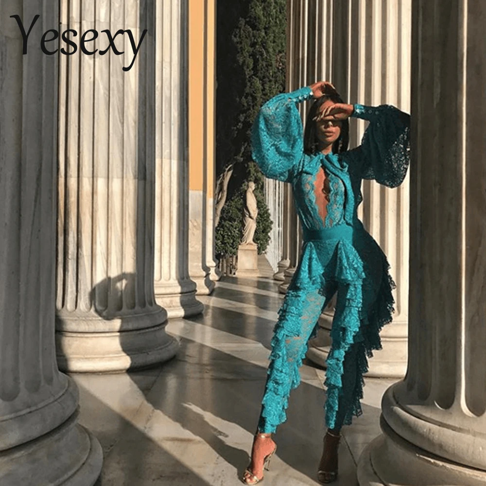Yesexy 2018 Sexy front open Deep V long sleeved ruffled lace Jumpsuit VR8624