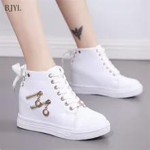 BJYL 2019 Women Wedge Platform Rubber Leather Lace Up High heel 6 cm Shoes Round Toe Increasing White Sneakers Zipper B63 high colors women s lace up creepers oxford high heel pearl platform shoes white round toe flock patchwork wedge platform heels