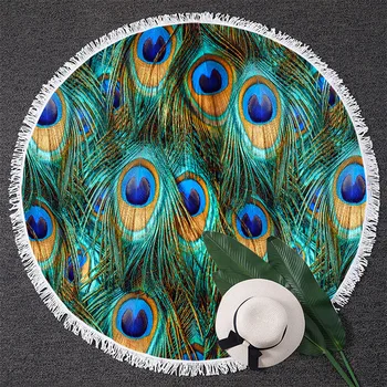 

Feather Round Beach Towel Bless Living Peacock for Adult Fantasy Sparkly Picnic Mat Bird Tapestry With Tassel Turquoise Blanket