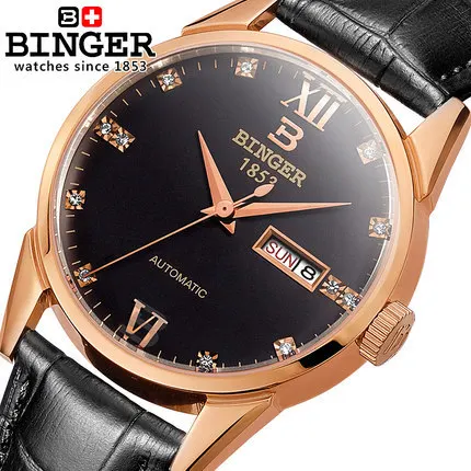 2016 Roma Number Cow Leather Watches for Men Ladies Binger High Quality Dress Wristwatch Dual Date