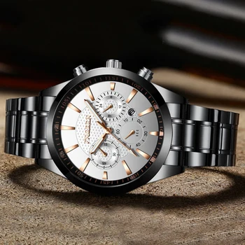 

Fngeen Business Sports Watch Men Quartz Wristwatch Band Male Clock Wrist Shockproof Waterproof Clock Black Steel Belt