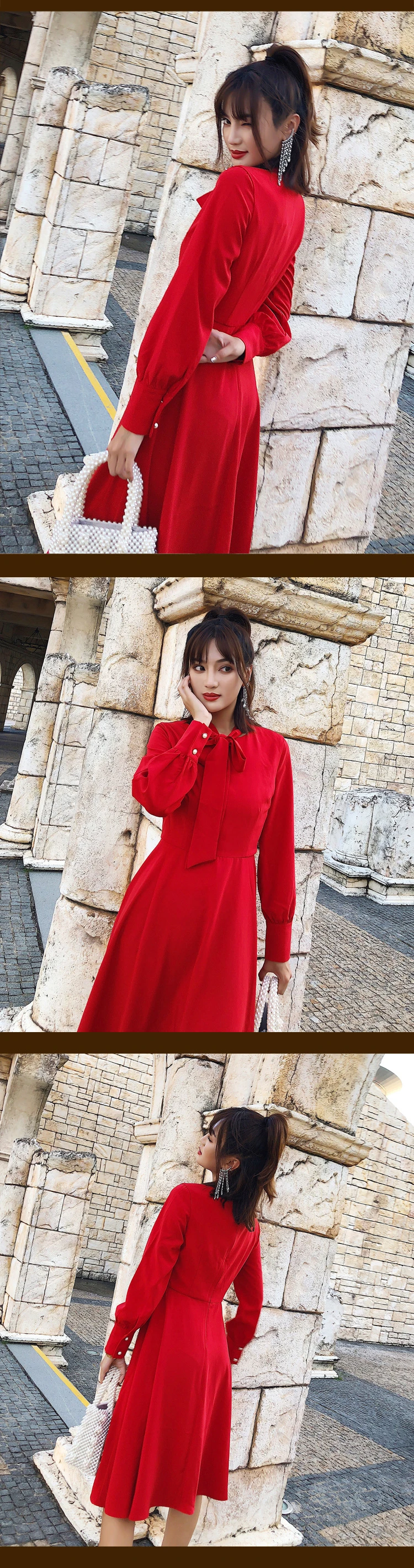 Fashion women temperament holiday bow a-line dress new arrival high quality comfortable solid color sweet cute formal dress