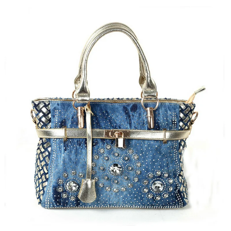 2017 Summer Fashion womens handbag large oxford shoulder bags patchwork jean style and crystal decoration blue