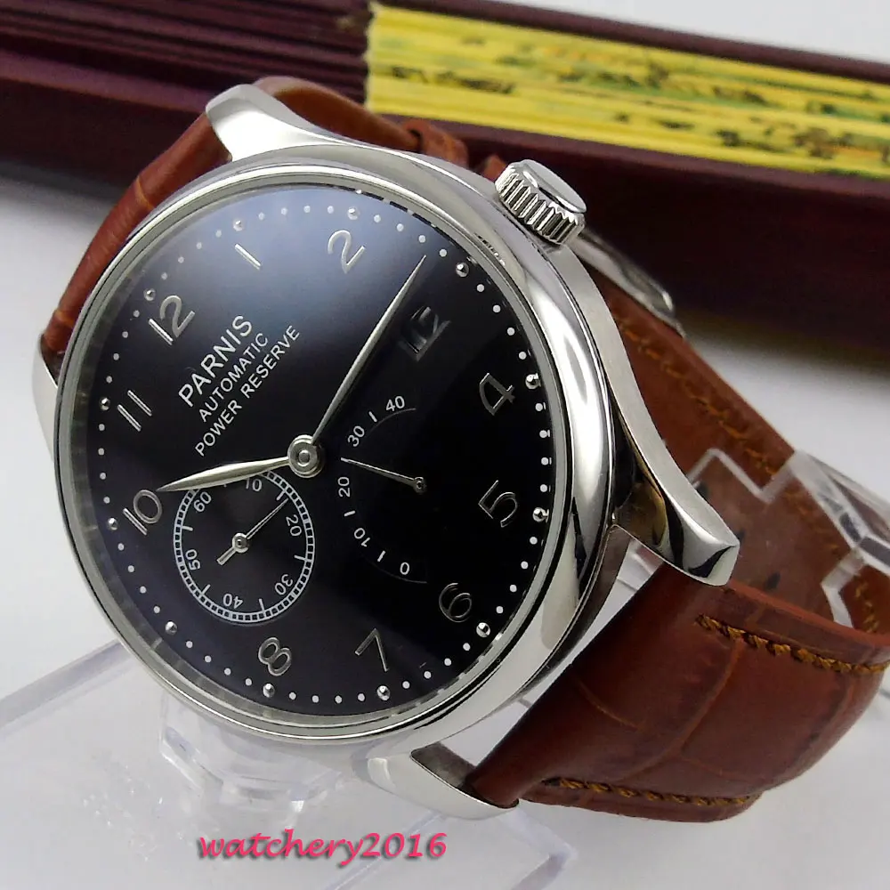 

Luxury Brand 43mm parnis Black Dial Date Leather strap Stainless Steel Case Power reserve ST Automatic Movement men's Watch
