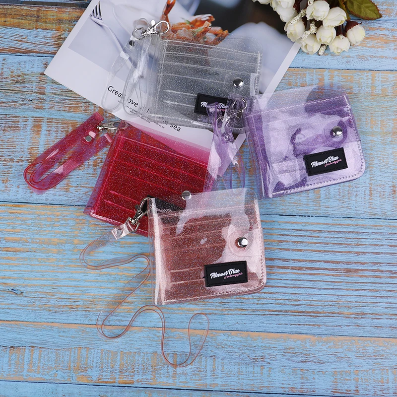 

Bling PVC Transparent ID Card Holder Wallets Folding Lanyard Short Wallet Fashion Women Girl Glitter Business Card Case Purse