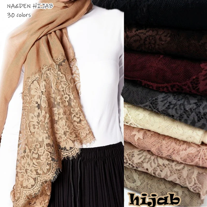 

Women Luxury Edges Lace hijab Scarf plain solid floral lace scarves Cosy cotton viscose wrap ladies muffler nice pashmina