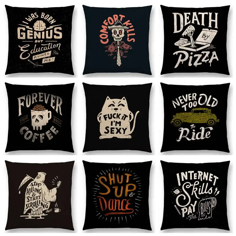 

Funny Cartoon Interesting Words Decorative Letters Death Coffee Pizza Watcher Sexy Cat Dance Cushion Cover Sofa Pillow Case