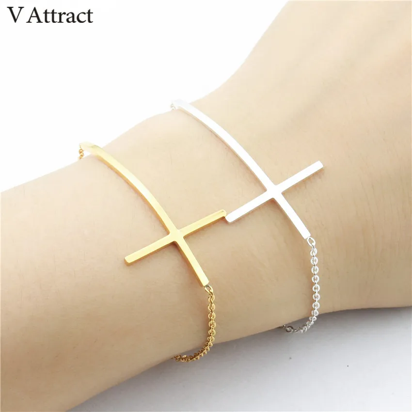 

V Attract 2018 Handcrafted Simple Stainless Steel Chain Cross Bracelet for Women Baptism Jewerly Fashion Pulseras Feminina