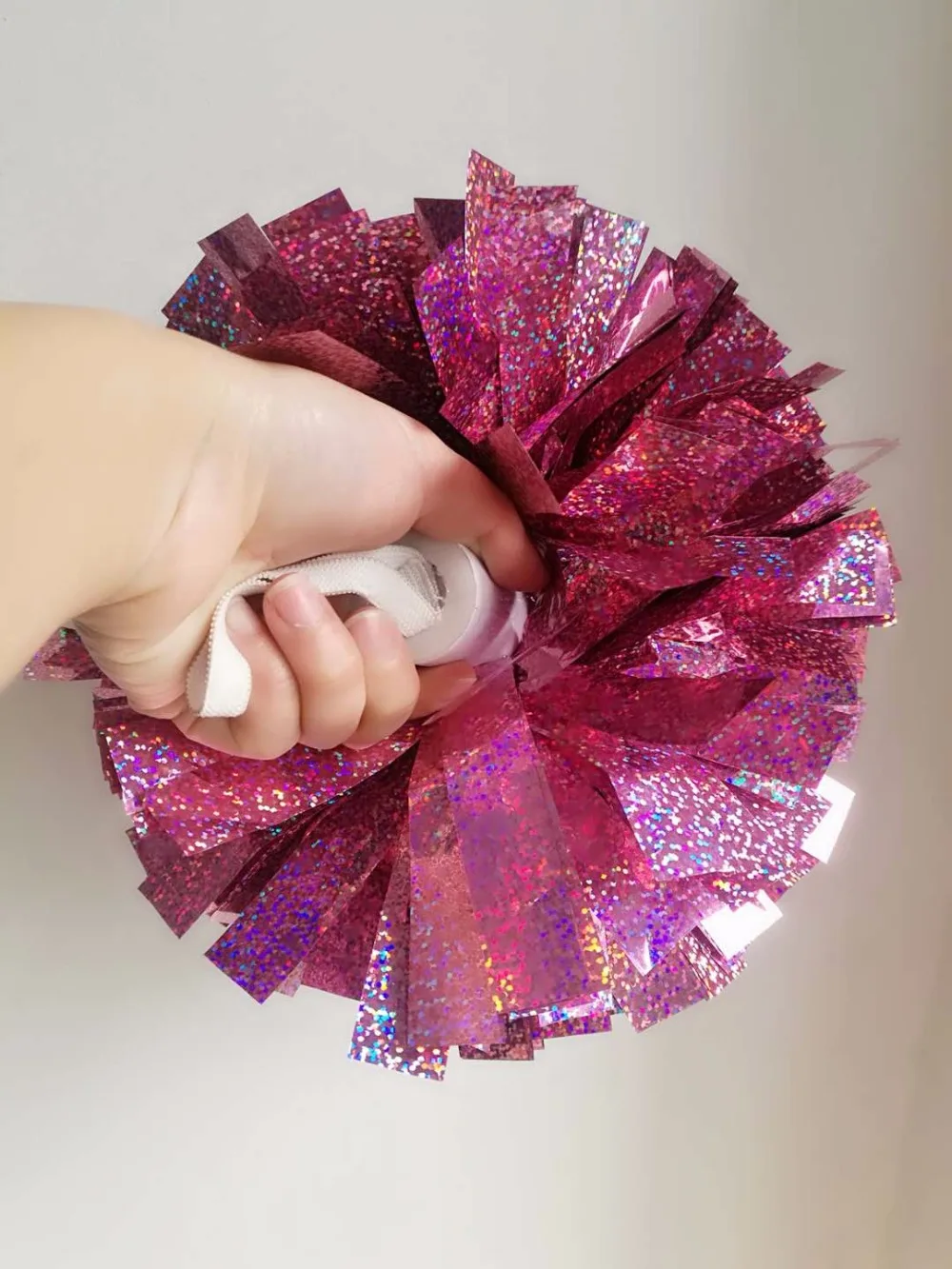 kids elastic stick handle Pom poms 4" holographic pinkin Pom Poms from