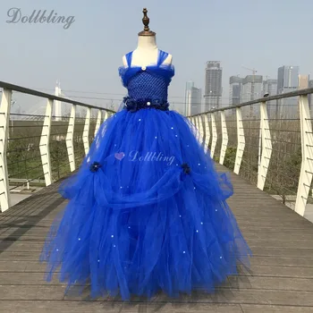 

Navy Blue Long Tail Fluffy Tulle ball gown wedding Flower Cinderella costum princess my 1st Birthday Performing Party Dresses