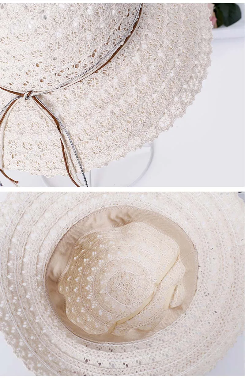 Women Lace Hollow Straw Cap Large Brim Foldable Hat Summer Ladies Elegant Travel Caps Female Fisherman Sun Hats CP0200 (7)