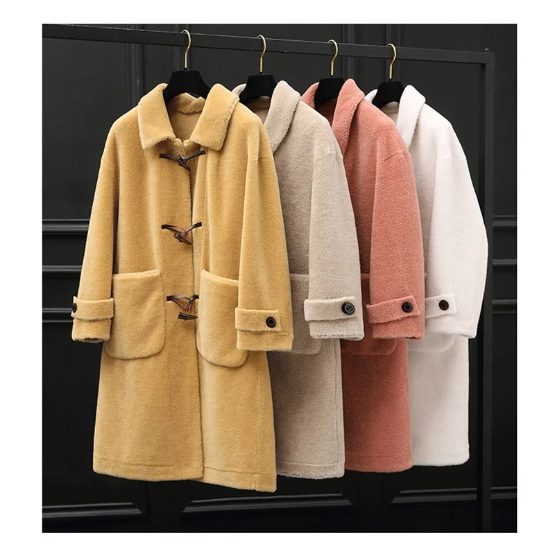 

2019 New Women's Fur Coat Wool Jackets Women Winter Warm Sheep Shearing Overcoat Long Double Breasted Trench Coats