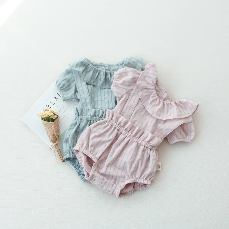 Mikistory Summer Newborns Clothing Short Sleeves Ruffles Striped Sets