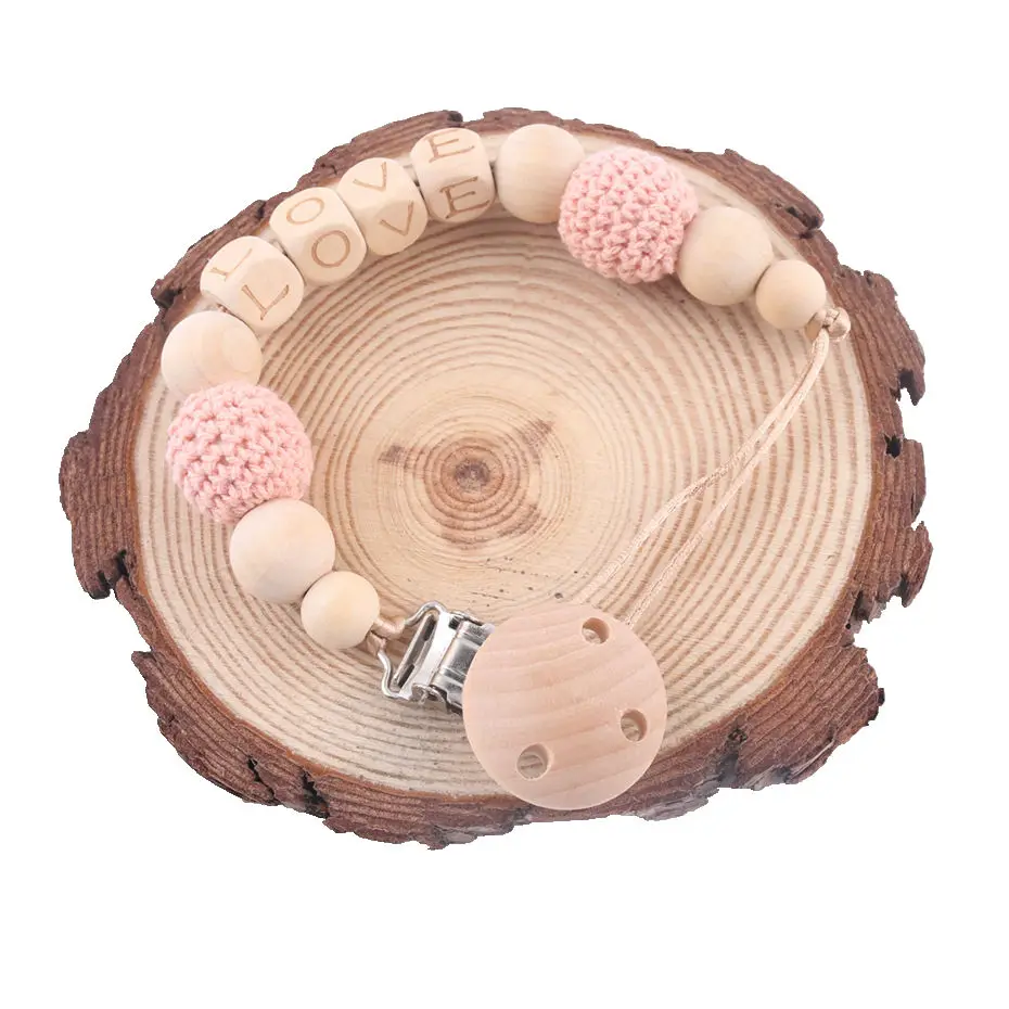 1PC Custom Baby Name Personalised Wood Beads Binky Clip Pacifier Chain Holder Chew Toys Nipple Holder Baby Gift Wooden Teether