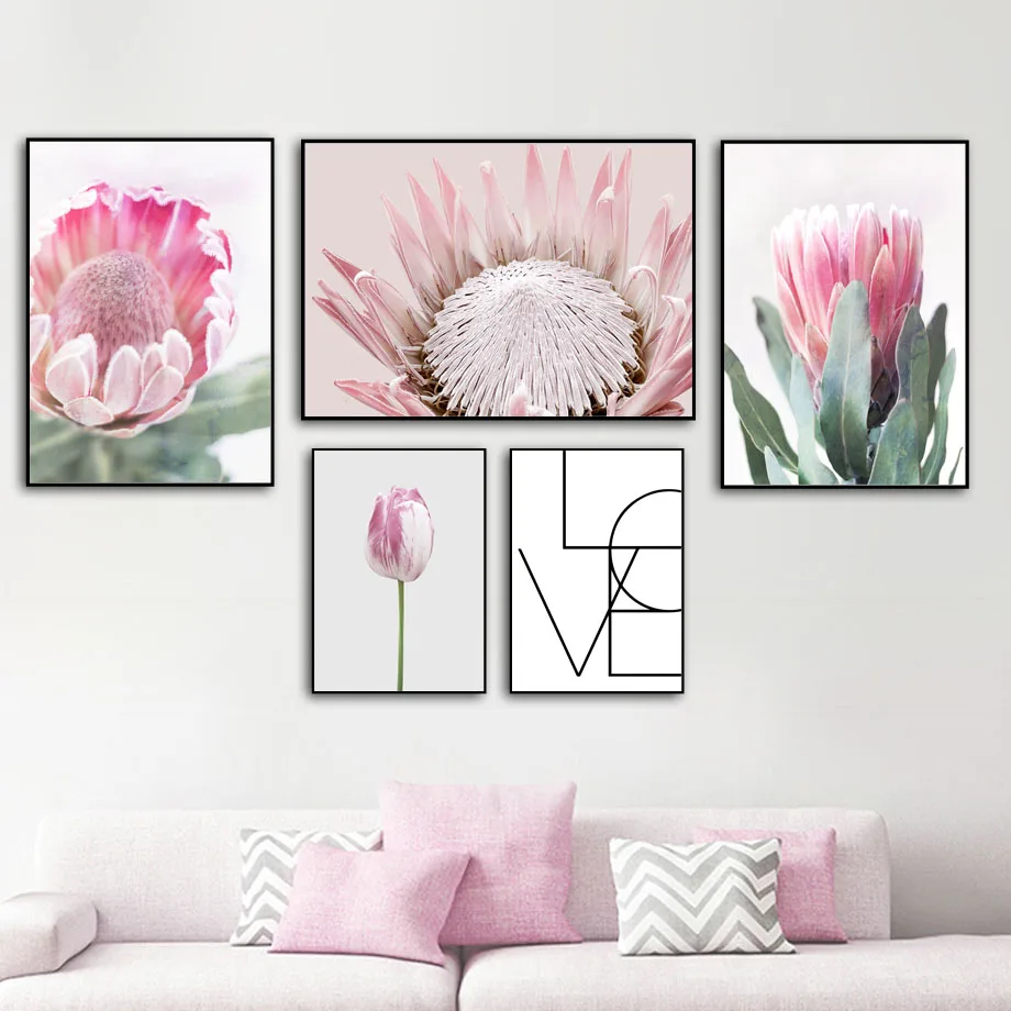 

Pink Tulip King Protea Love Quote Nordic Posters And Prints Wall Art Canvas Painting Wall Pictures For Living Room Home Decor
