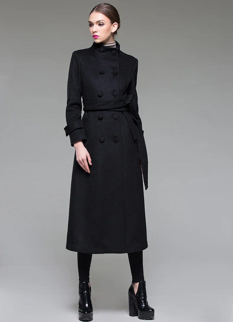 Новое модное шерстяное пальто со стоячим воротником, тонкий двубортный Тренч, женское элегантное длинное шерстяное пальто с поясом