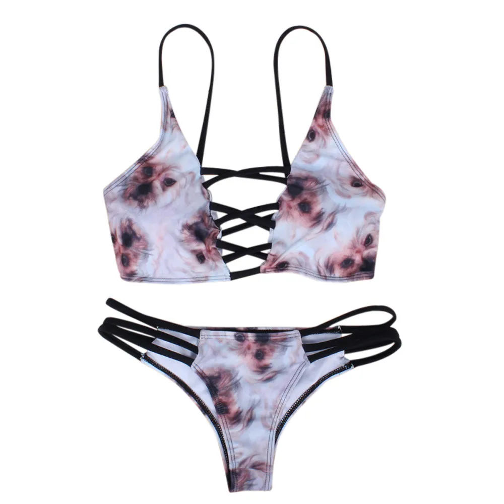 

Print Swimming Suit For Women Deep-V-Neck Backless Sexy Bandage Bohemian Triangle Low Waist Bathing Beach Style Push-up Padded
