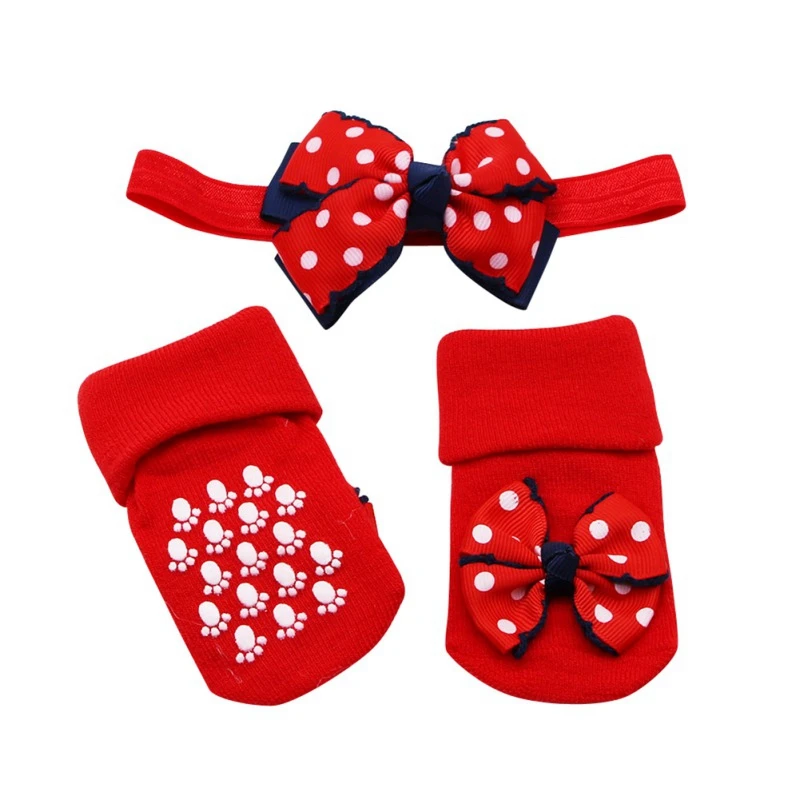 2PCS/Set Baby Socks For Girl Bebe Toddler Newborn Sock+ Bow Headband Infant Anti Slip Cotton Socks Glue Birthday Sock 0-1Years