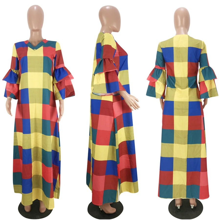 GuyuEra, африканские платья для женщин, модная распродажа, Европейская и американская мода, женская цветная клетчатая юбка с рукавами-фонариками