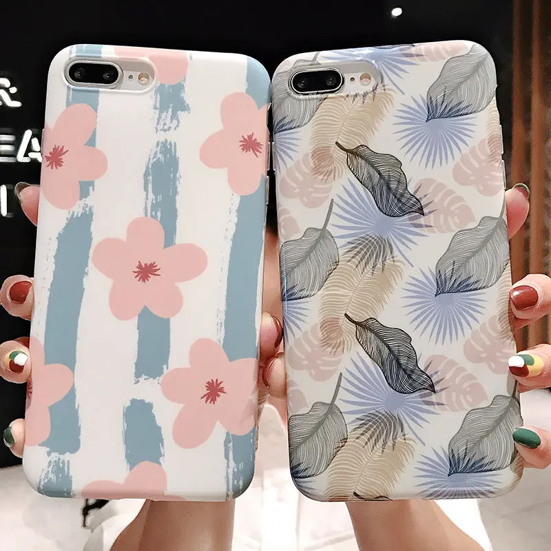 

Cartoon Retro Flowers Leaves Phone Case For iPhone 6 6S 7 8 Plus Silicone Soft IMD Cover For iPhone X XR XS MAX Vinatge Cover