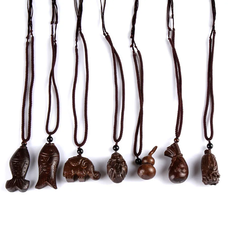 

Factory Outlet Tibetan Ethnic Ancient Jewelry Lucky Fish god of wealth Wooden Pendant Vintage Necklace Long Necklace For Women