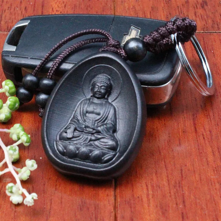 llaveros Creative Personality Car Key Rings Pendant Wood Fashion Black Amitabha Buddha carving Rosewood Buddhist Keychain Holder