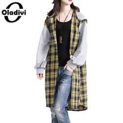 Oladivi бренд Для женщин Повседневная одежда свободная Рубашки в клетку модные женские искусственная Двойка блузоны с капюшоном Весна