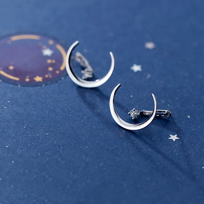 

MloveAcc Authentic 925 Sterling Real Silver Moon Shape w/ Single CZ Stud Earrings for Women Party Jewelry