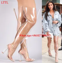 2016 Kim Kardashian Rain Boot Black Nude Clear Perspex Thigh High Boots PVC Crystal Chunky Heel Transparent Booties Over Knee
