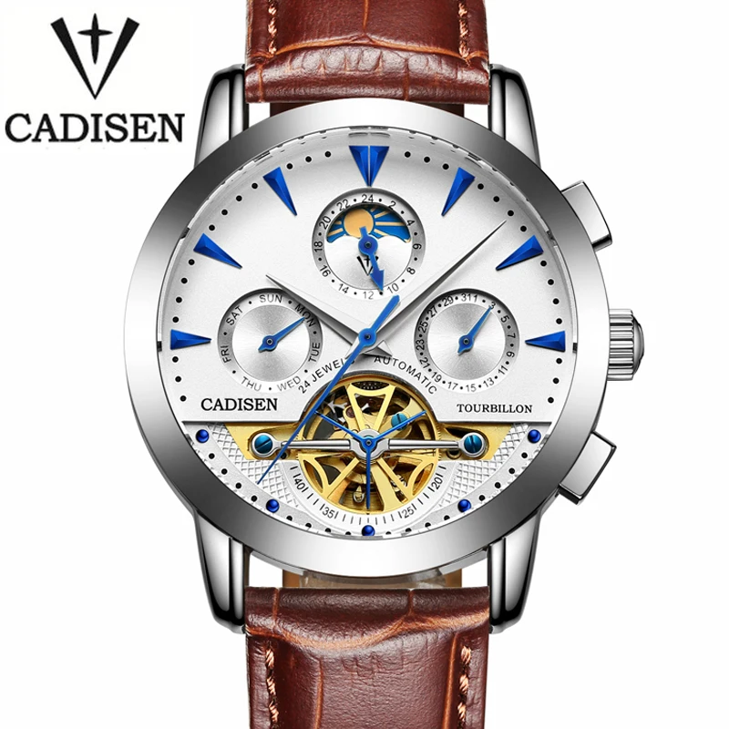 

Famous Brand CADISEN Automatic Self-Wind Men Sport Watch Men Leather Luxury Wristwatch Multi-function Clock Relogio Masculino