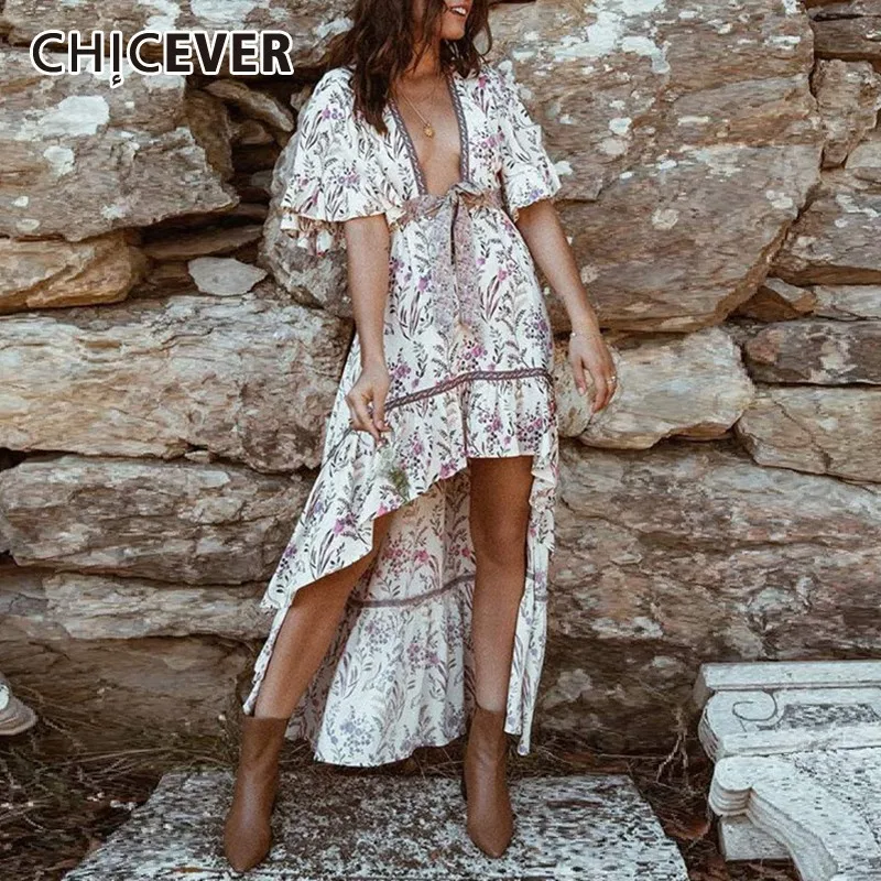 

CHICEVER Summer Bohemian Print Dress For Women V Neck Butterfly Sleeve High Waist Lace Up Bow Asymmetrical Hem The Dresses 2019