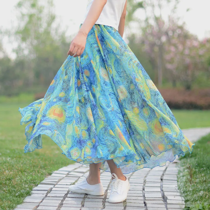 2017 summer maxi skirt,elastic waist,ankle length,starry beach skirt