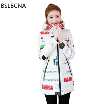 

2019 Korean Bodycon Thick Down Cotton Clothes Casual Print Women Winter Coat Cotton Padded Jacket Mid Length Hooded Parkas A301