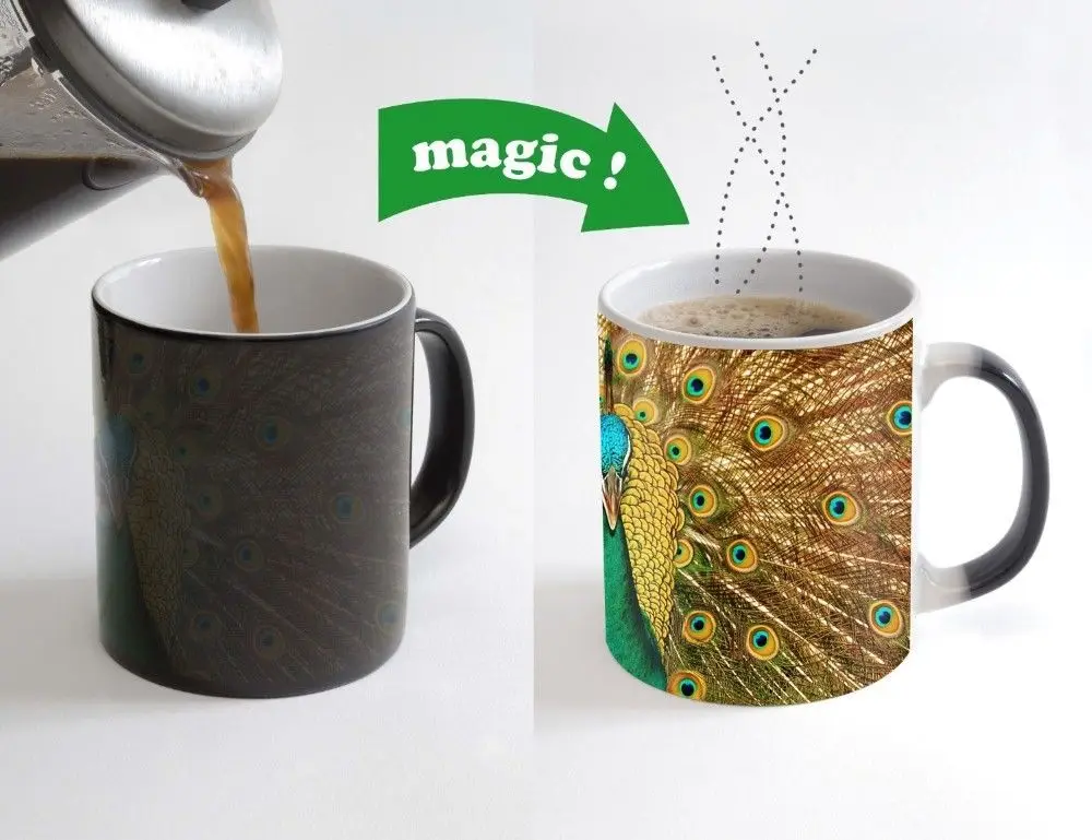 Peacock mugs heat changing color heat sensitive hot reactive coffee