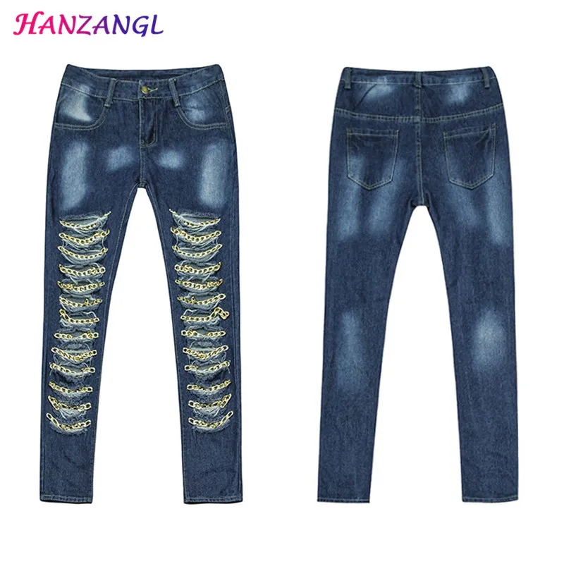 New Brand Metal decoration jeans Female Slim Holes denim pants jeans HANZANGL Elasticity low waist Bleached