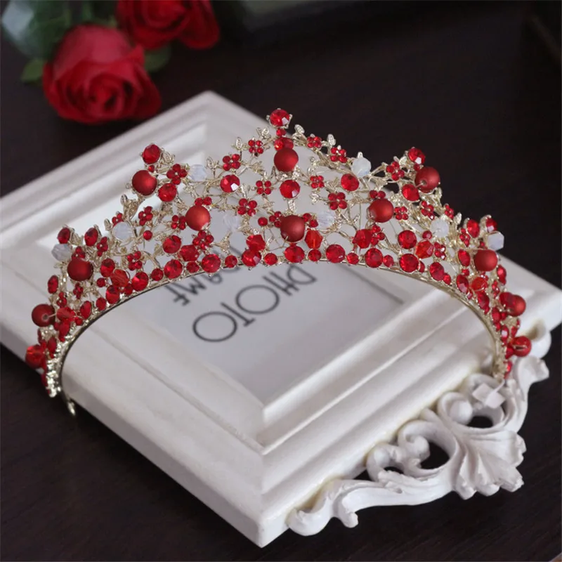 Red Wedding Crown Gold Royal Bridal Tiara Queen Bride Crown And Orecchino Pageant Barocco Fascia Princess Hair Jewelry Ornament